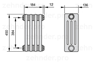 Схема (чертеж) Радиатор Zehnder Charleston 4045/4 №1270 Белый глянцевый RAL 9016